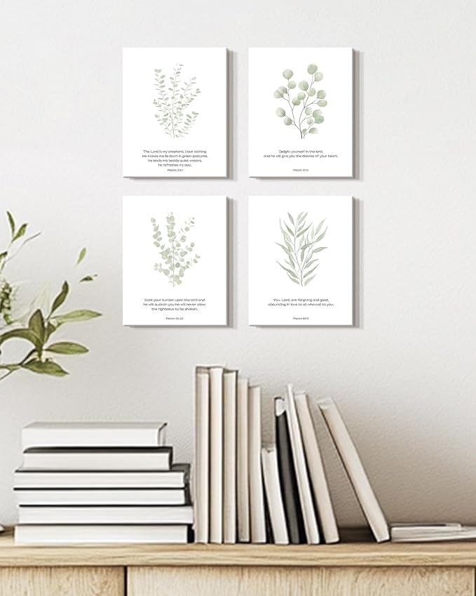 Drsoum Bible Verses Inspirational Scripture Framed Wall Art Botanical Plant Motivational Christian Decor for Bathroom Sage Green Eucalyptus Leaf Prints Ready to Hang 8x10inx4pcs (Framed)