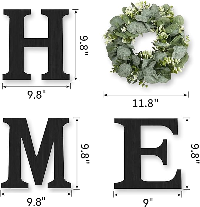 Wood Home Sign with Artificial Eucalyptus Wreath for O, Hanging Farmhouse Wall House Decor Wood Letters for Wall Art Rustic Home Decor, Wall Decor for Living Room Kitchen Entryway (Black)