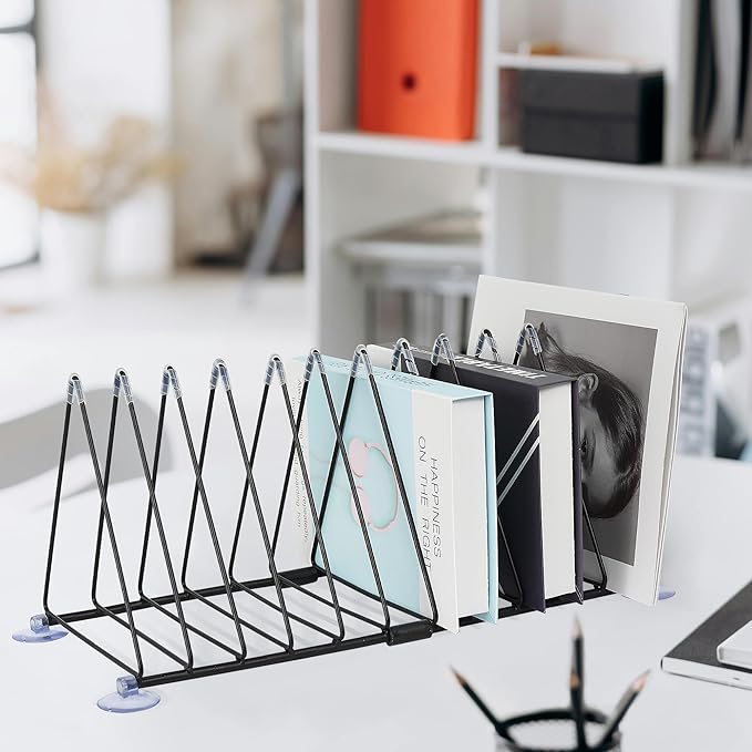 Vinyl Record Holder Storage, 11 Slot Metal Record Stand Magazine Newspaper Album Display Rack Desktop Triangle File Holders for Office Home Black