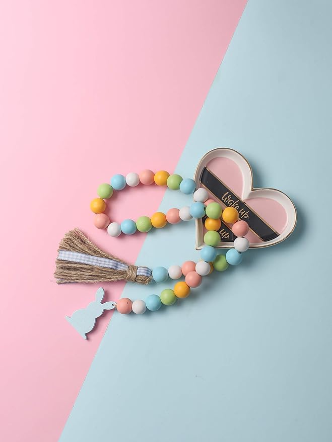 Easter Spring Wood Beaded Garland with Tassels and Bunny Tag Farmhouse Wooden Beads for Tiered Tray Decorations Holiday Country Rustic Prayer Boho Beads Rae Dunn Shelf Décor (Easter Bunny Blue)