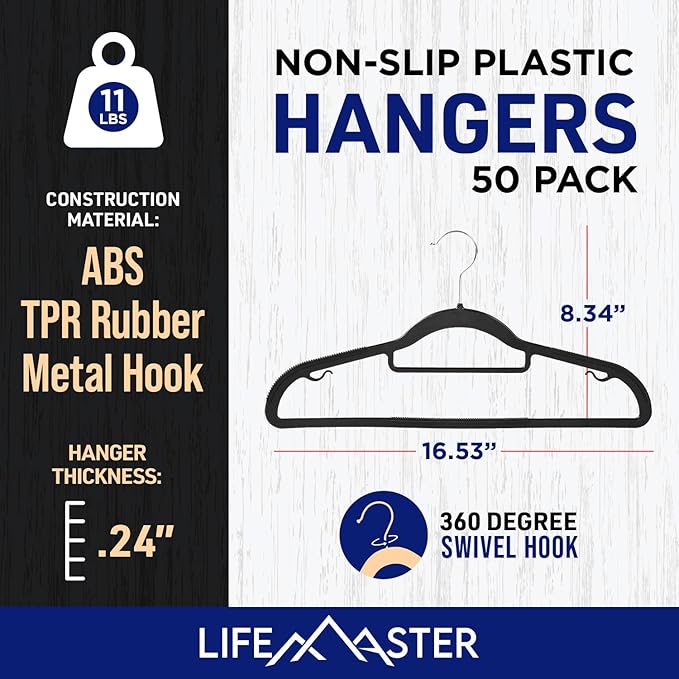 Lifemaster Versatile Clothes Hanger Set - 50 Pieces Space-Saving Dry and Wet Clothes Hanger Set with 360° Swivel Hook and Non-Slip Rubber Design - Black