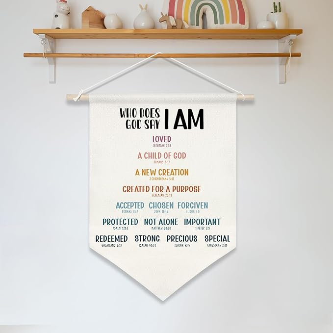 Who God Says I Am Wall Hanging Banner,Christian Bible Verse Canvas Poster, Bible Wall Art for Women, Teens, or Kids, Faith-Based Decor with Wooden Rod, 11x16 Inch(KD14)