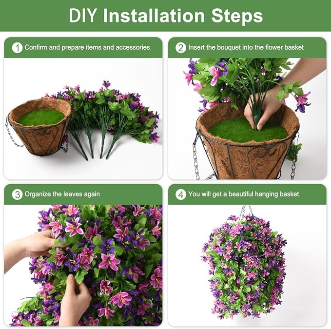 INQCMY Artificial Hanging Flowers Decoration, 4pcs Fake Floral Basket Plants for Outdoor Porch, Faux Shrubs Home Spring Decor UV Resistant Potted Violets for Outside Garden No Fade