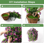INQCMY Artificial Hanging Flowers Decoration, 4pcs Fake Floral Basket Plants for Outdoor Porch, Faux Shrubs Home Spring Decor UV Resistant Potted Violets for Outside Garden No Fade