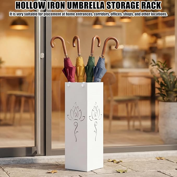 Square Metal Umbrella Holder, Square Free Standing Umbrella Rack Decorative Umbrella Holder Hollow Cutout Pattern Design for Umbrella Cane Entryway Home Office 19.49" X 6.1" X 6.1" (White hollowed out