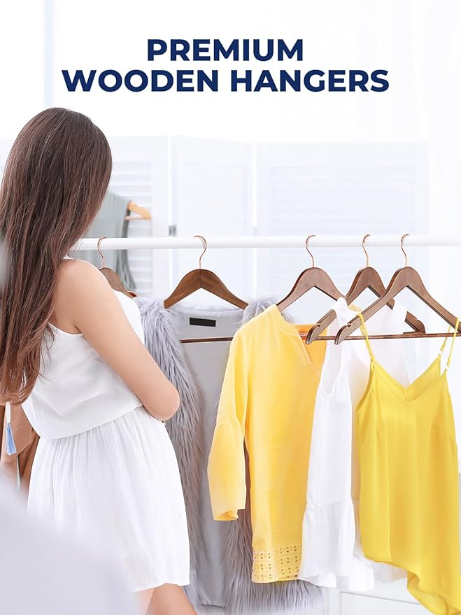 Smartor Wooden Hangers 10 Pack, Solid Wood Coat Hanger for Closet, Heavy Duty Wood Hangers for Suits, Shirts, Dresses, with 360° Rose Gold Hook, Non Slip Pant Bar, Walnut