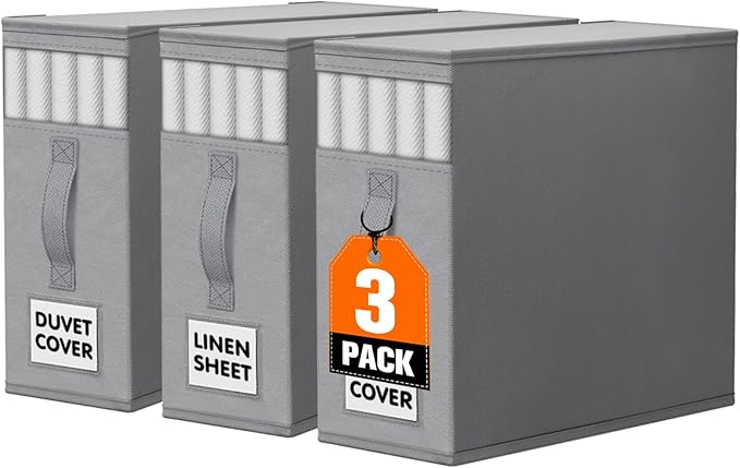 WOWBOX Sheet Organizers and Storage,Closet Bed Sheet Organizer Under Bed Storage and Organization with Label Cards & Clear Window for Bedding Sheets,Duvet Covers,Blankets (3 Pack，Gray)