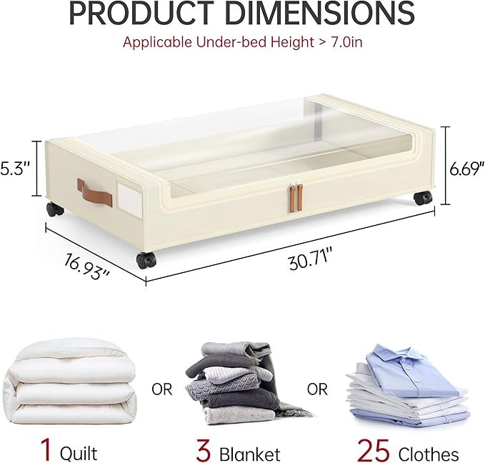 Yecaye Under Bed Storage with Wheels, 2 Pack Under Bed Storage Containers, 60L Underbed Shoe Storage with Clear Window & Label, Rolling Under Bed Metal Drawer for Clothes, Shoes, Books, Blankets