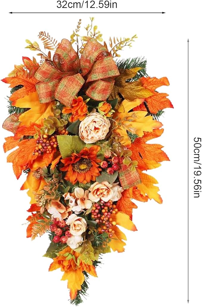 Fall Swag for Front Door – Maple Berry Teardrop Arrangement, Harvest Holiday Garland, Seasonal Ornament for Porch, Entryway, Lobby, Window Display, Mantel Decoration, Festival Celebration