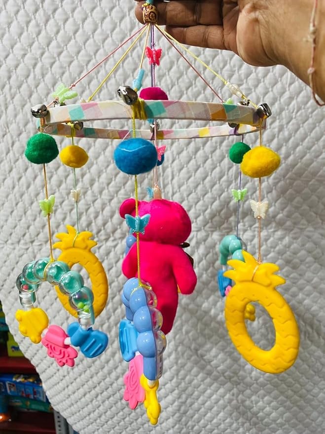 Colorful Hanging Mobile Decor with Soft Teddy, Rattles & Teething Rings – Decorative Hanging Ornament