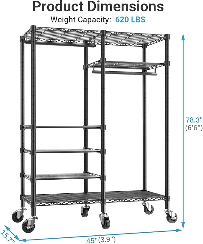 VIPEK R4C Rolling Garment Rack 6 Tiers Adjustable Heavy Duty Wire Shelving Portable Clothes Rack with Lockable Wheels, Black Metal Clothing Rack with Grey Upgraded Polyester Cover, Max Load 620lbs