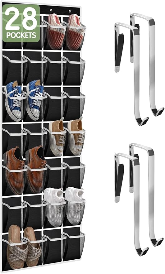 28 Compartment Over the Door Shoe Organizer, Breathable Mesh Large Shoe Rack for Closet Storage, Space Saving Hanging Shoe Holder with Reinforced Hooks (Fits Men & Women,Black-01)