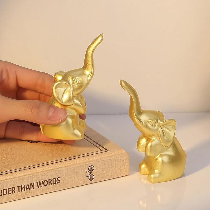 DUQGUHO Mini Gold Elephant Gifts for Women, Modern Style Small Golden Animal Statue, 2PCS Elephant Decor for Desk Shelves 3.5Inch