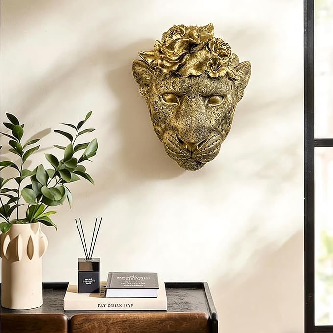 GUSFREUD Gold Animal Heads Sculptures Wall Art - Resin Faux Leopard for Home Wall Decor, Leopard Wall Hanging Decoration for Living Room, Bedroom & Kitchen, Unique Gift Idea