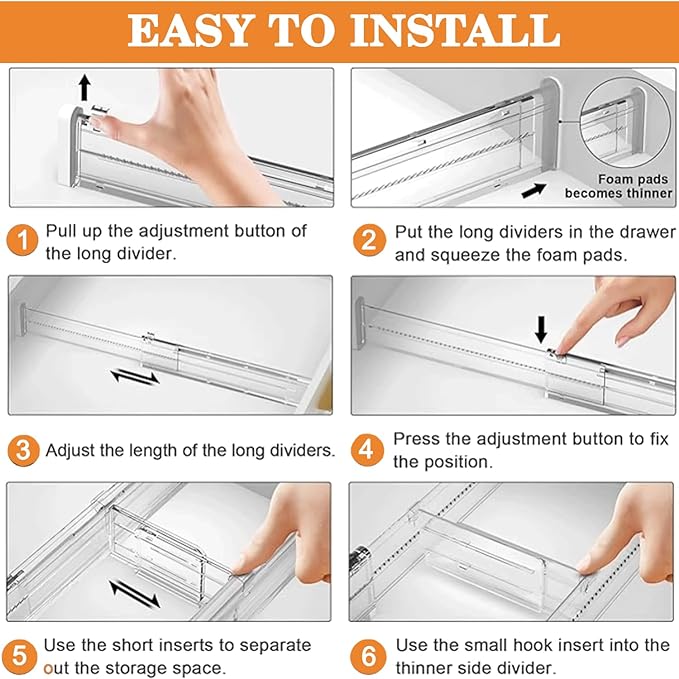 Acrylic Drawer Dividers for Clothes, Adjustable 11–20.8 Inch Expandable Deep Dresser Drawer Dividers, Clear Drawer Separators for Baby Clothes, Underwear, Kitchen, Office & Home Storage