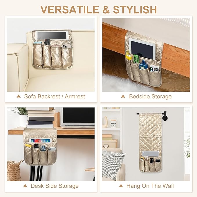 Remote Control Holder for Armchair, Couch Recliner Chair Caddy, Non-Slip Arm Chair Caddy for Recliner with 5 Pockets for Table, Ipad, Magazines, Arm Chair Bedside Caddy Storage Organizer(Gold)