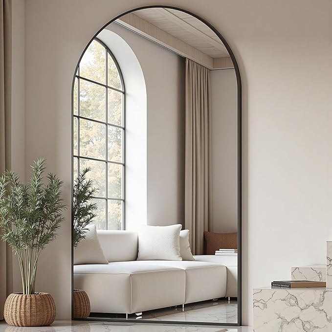 Prywot Arched Floor Mirror, 76 "x 34" Full Length Mirror Wall Mirrors Hanging or Leaning Arched-Top Full Body Mirrors with Stand for Bedroom, Dressing Room, Black
