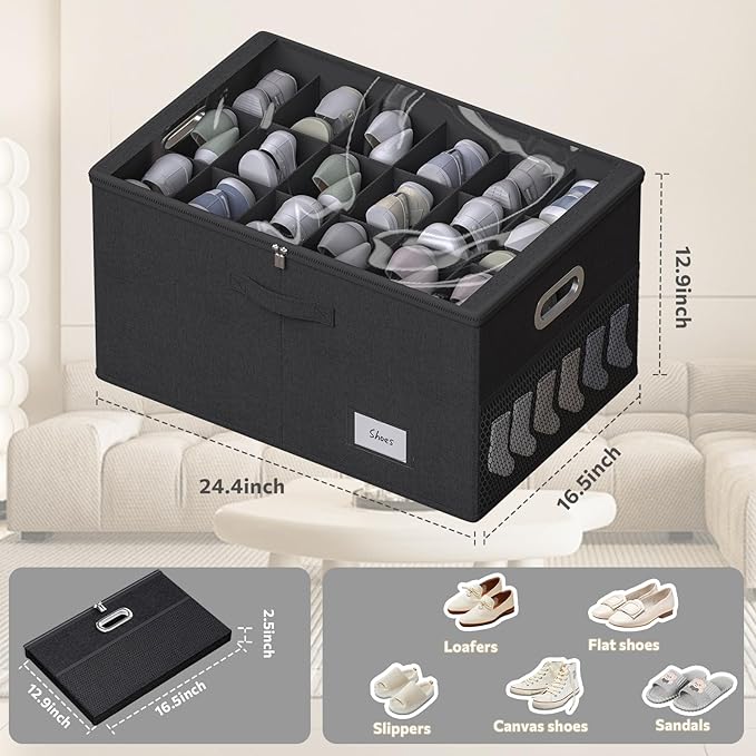 2 Pack Shoe Organizer for Closet Large Shoe Box Storage Containers with Clear Window Space Saving Shoe Bin with Foldable Bottom Support Adjustable Dividers Fits 36 Pairs (Black, (24.4*16.5*13inch)x2)