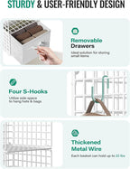 Hanging Closet Organizer with Drawers, 4 Tier Metal Closet Organizers and Storage with 4 Hanging Hooks 4 S-Hooks for Wardrobe Laundry Room, Wire Storage Shelf for Clothes Sweaters Pants (White)