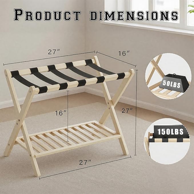 Bamboo Luggage Rack with Shoe Shelf Folding Suitcase Stand with 5 Heavy-Duty Straps for Guest Room Living Room Hotel Ideal Luggage Holder for Suitcases Bags Shoes,Nature
