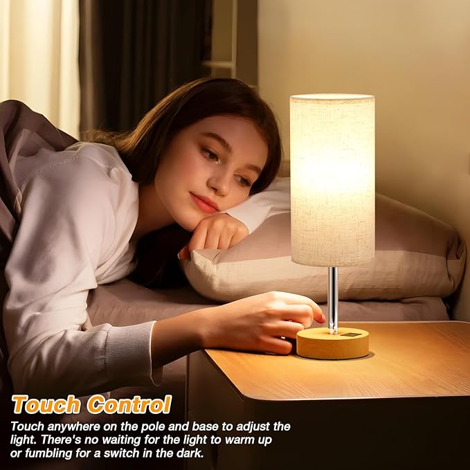 Dicoool Touch Bedside Table Lamp with USB - 3 Way Dimmable Wood Lamp for Bedroom Nightstand, Desk Lamp with Charging Station for Dorm, Living Room, Office, Kids Room, Small, 14in