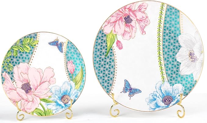 KAMMAK Ceramic Decorative Plate Set of 2, Porcelain Plates for Kitchen Dining Room Wine Cabinet Home Decor, Vintage Collector Plates with 2 Display Stand, Green (8-inch + 10.5-inch)