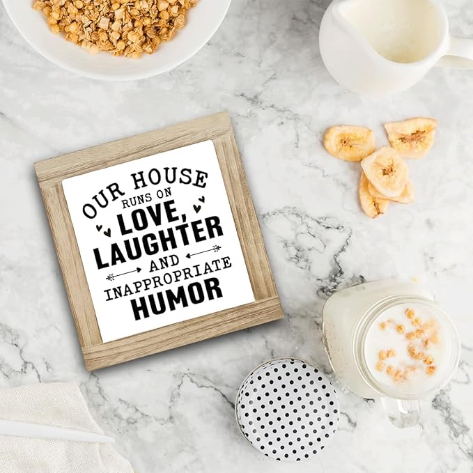 Funny Home Sign, Wood Box Sign, Our House Runs On Love Laughter And Inappropriate Humor, Inspirational Wood Box Desktop Decoration, Funny Farmhouse Home Office Living Room Deocration