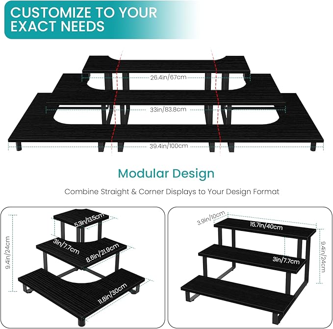 ELITEROO 3 Tier Wooden Retail Display Shelves, Portable Display Rack for Retail Counter Top Craft Shows Tradeshows, 3 Step Corner Tiered Table Display Tower Stand for Cupcake Jewelry Display, Black