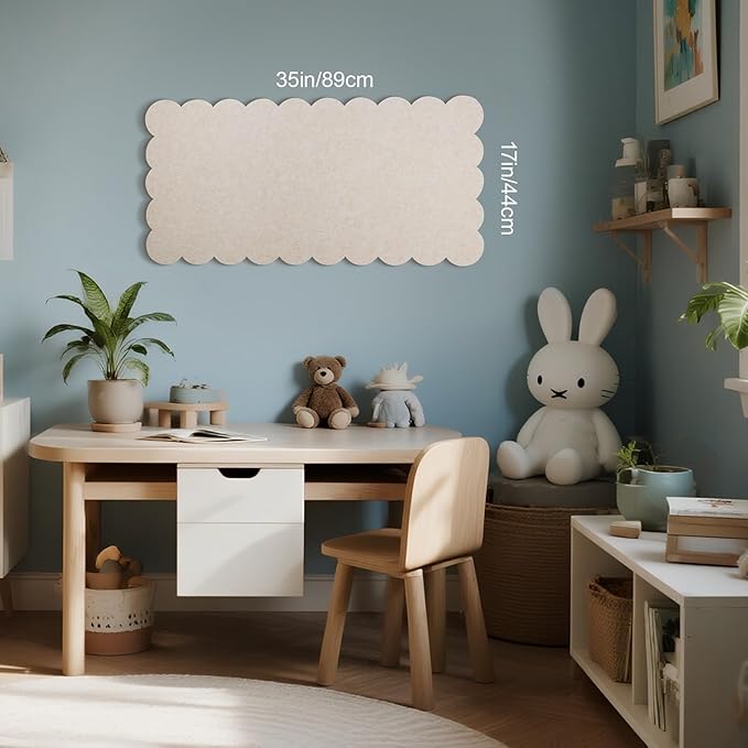 Lightomorrow Scalloped Bulletin Board, 35 x 17.5 Inches Felt Pin Board - Decorative Cork Alternative for Wall, Foldable Picture Self-Adhesive Vision Prayer Board with 20 Pushpins - Oatmeal