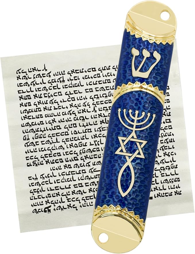 Mezuzah with Scroll for Door, Metal Mezuzah Case with Messianic Seal for Hebrew Home Blessing, Jewish Gifts, Jewish House Warming Decor, Christmas, Easter (Blue)