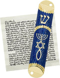 Mezuzah with Scroll for Door, Metal Mezuzah Case with Messianic Seal for Hebrew Home Blessing, Jewish Gifts, Jewish House Warming Decor, Christmas, Easter (Blue)