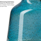 Torre & Tagus 6 Inch Tall Blue Glass Vase with Gold Flakes, Mouth Blown Glass Vase Blue Flower Vase Centerpieces, Watertight for Hydroponic Plants, Coastal Decor Accents (Marina)