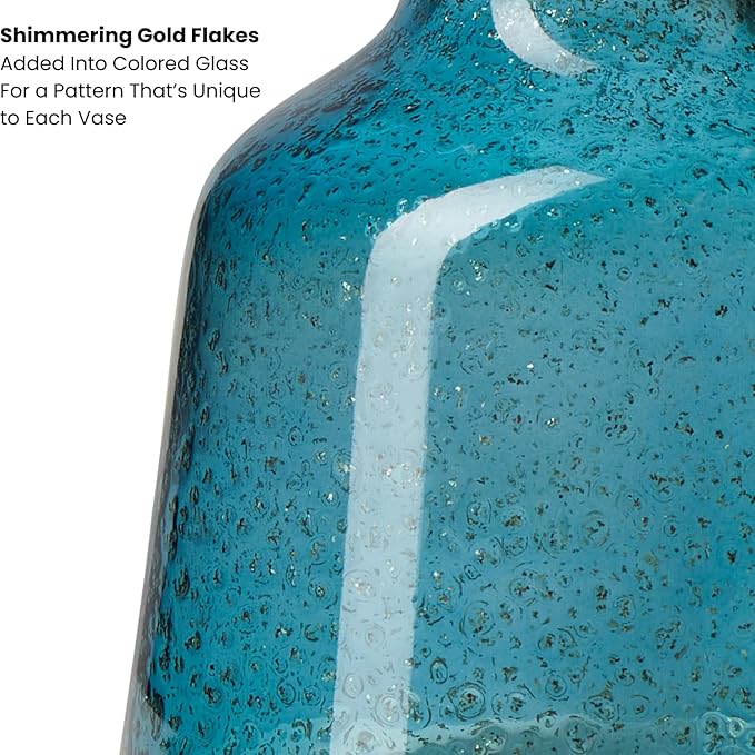 Torre & Tagus 6 Inch Tall Blue Glass Vase with Gold Flakes, Mouth Blown Glass Vase Blue Flower Vase Centerpieces, Watertight for Hydroponic Plants, Coastal Decor Accents (Marina)
