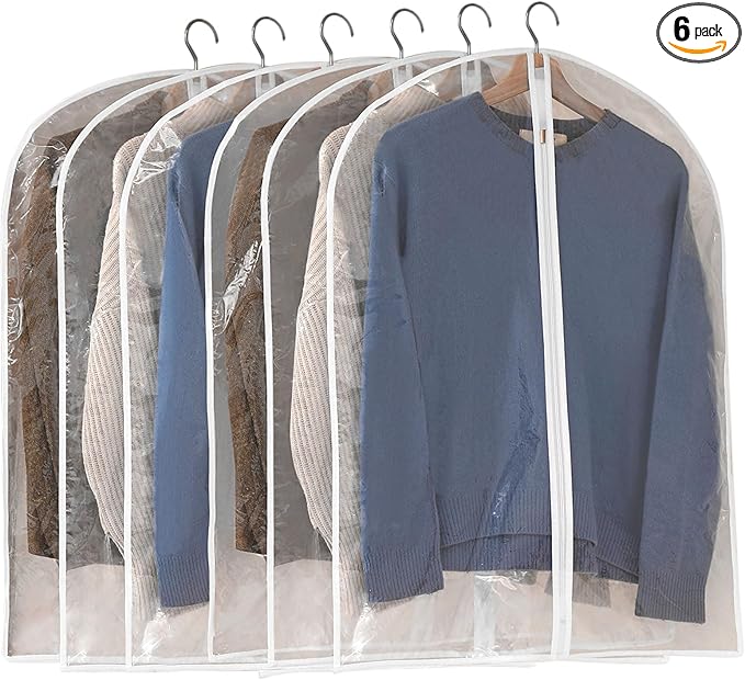Garment Bags for Hanging Clothes, 6 PCs All Clear Garment Bag, Plastic Dustproof Suit Bag, Coat Protector Zippered Garment Covers for Closet Storage and Travel - 24'' x 40''/6 Pack