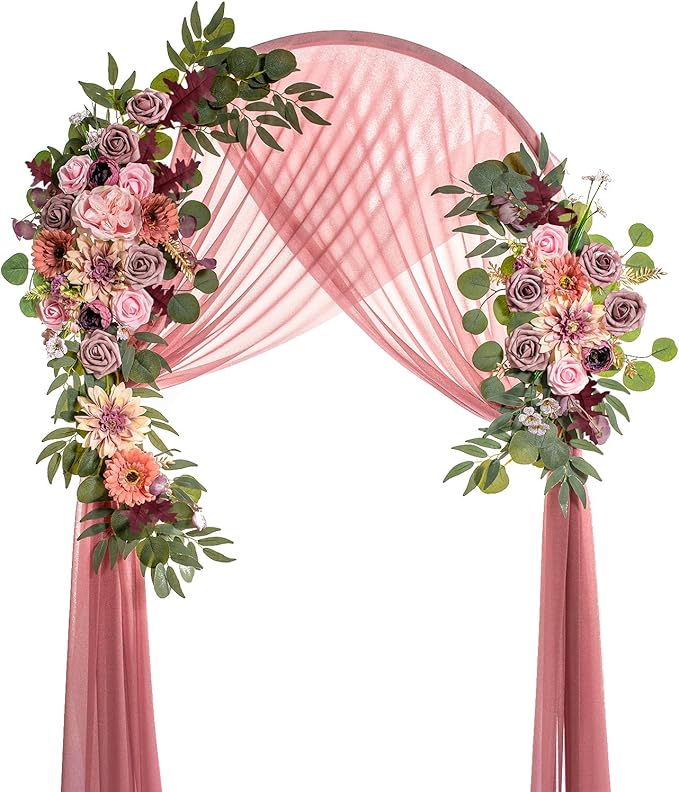 Lisuun Wedding Arch Flowers, Artificial Flowers for Decoration, 2pcs Flower Swag and 1 pcs Semi-Sheer Chiffon Table Runner Swag for Beautiful Dream Wedding Ceremony Floral Decor - Pack of 3