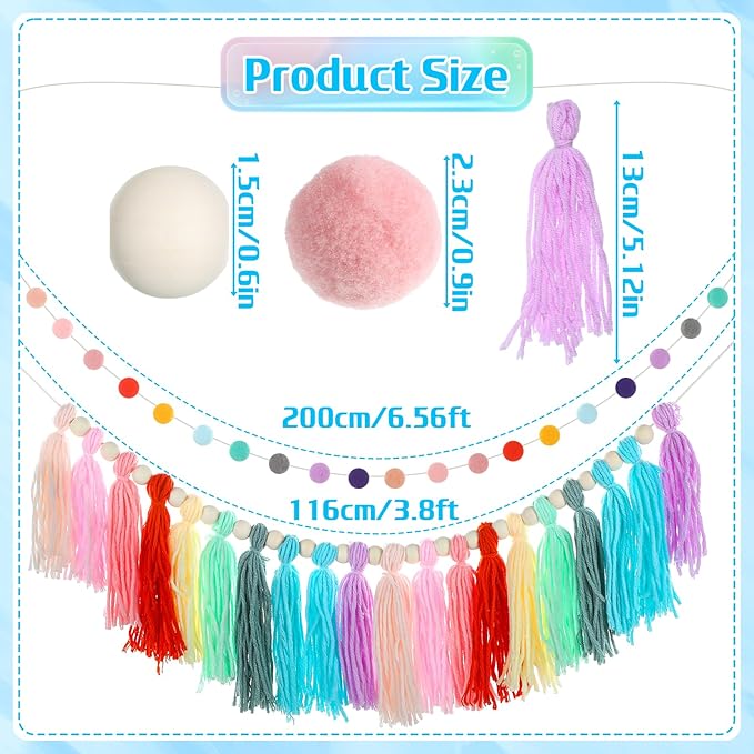 2 Pcs Boho Tassel Garland, 6.5 Feet Pom Pom Garland Rainbow Felt Ball Garlands Colorful Pastel Tassel Wall Hanging Banner with Wood Beads for Classroom Wedding Baby Shower Birthday Party Home Decor