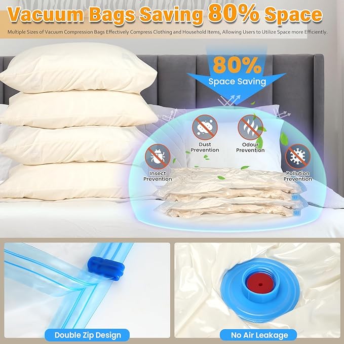 6Pack Thickened Space Saver Vacuum Storage Bags Jumbo for Clothes with Hand Pump, Vacuum Sealed Bags for Clothing, Comforters and Blankets