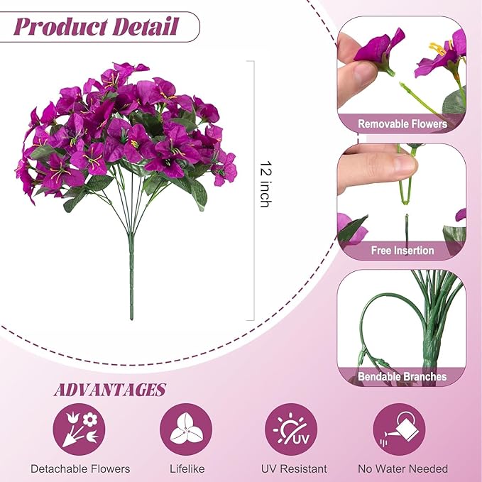 Artificial Flowers Faux Plants for Outdoors Spring Summer Decor, 6 Bundles Fake Bougainvillea Silk Flowers UV Resistant Realistic for Outside Planter Porch Patio Garden Home(Purple)