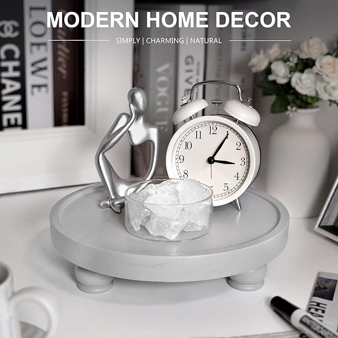 EOSAHR Modern Wooden Risers for Display: Farmhouse Pedestal Stand for Home, Kitchen and Bathroom Counter Decor - Stylish Round Waterproof Decorative Tray for Organize Soap, Sink, Jewelry (Gray)