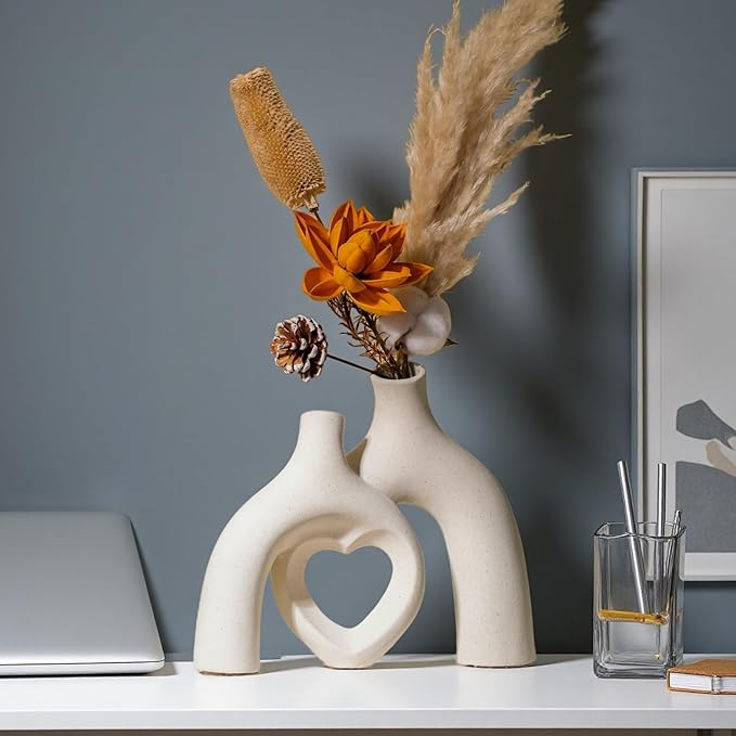 Modern Ceramic Vase, Snuggle Heart-Shaped Abstract Sculpture Vases, Minimalist Boho Home Decor for Living Room Shelf & Table Centerpiece Decorative Vase (Milky White)