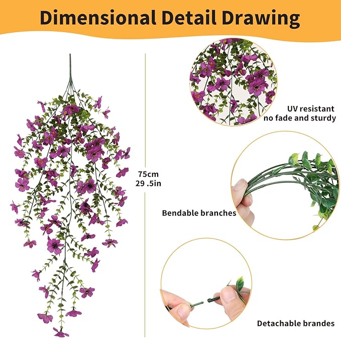 Artificial Hanging Flowers for Outdoors, 6 Pcs Fake Plant for Spring Summer Decoration, UV Resistant Realistic Silk Faux Flowers Outside Indoor Planter Porch Patio Balcony Yard Decor