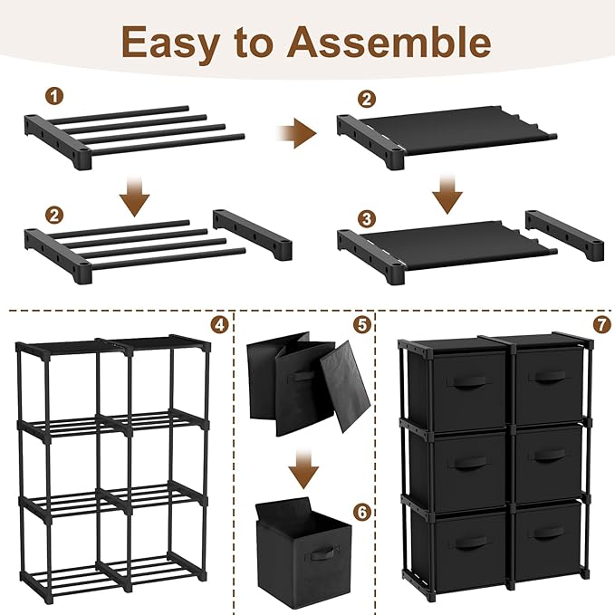 6 Cube Storage Organizer with Shelf Back to School Boxes 11 Inch Toy Storage Bins Closet Organizers Drawers Fabric Dresser for Playroom Books Bedroom Dorm Kitchen (Black)