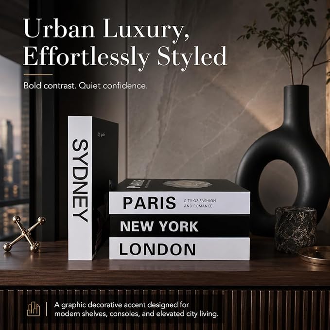 PROBENEX Urban Large 4 PCS Faux Decorative Books | Not Real Books, Cardboard Foldable Display Props | NYC London Paris Sydney City Theme Book Set | Modern Minimalist Coffee Table Decor