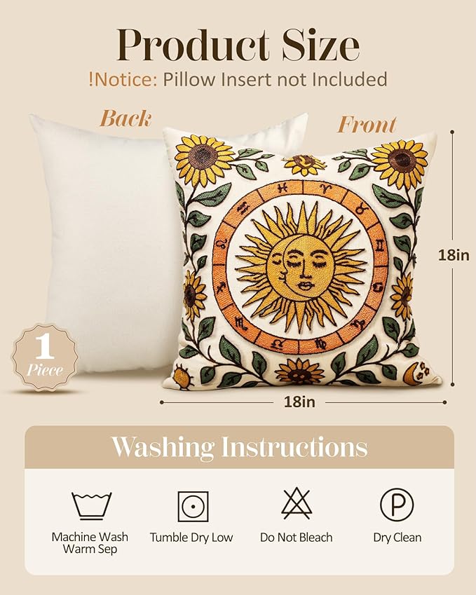 Embroidered Throw Pillow Cover 18x18 Inch - Spring Summer Boho Decorative Pillow Cover with Zipper for Living Room Couch Sofa Bed Aesthetic Design Sunflower Moon Cushion Pillowcase