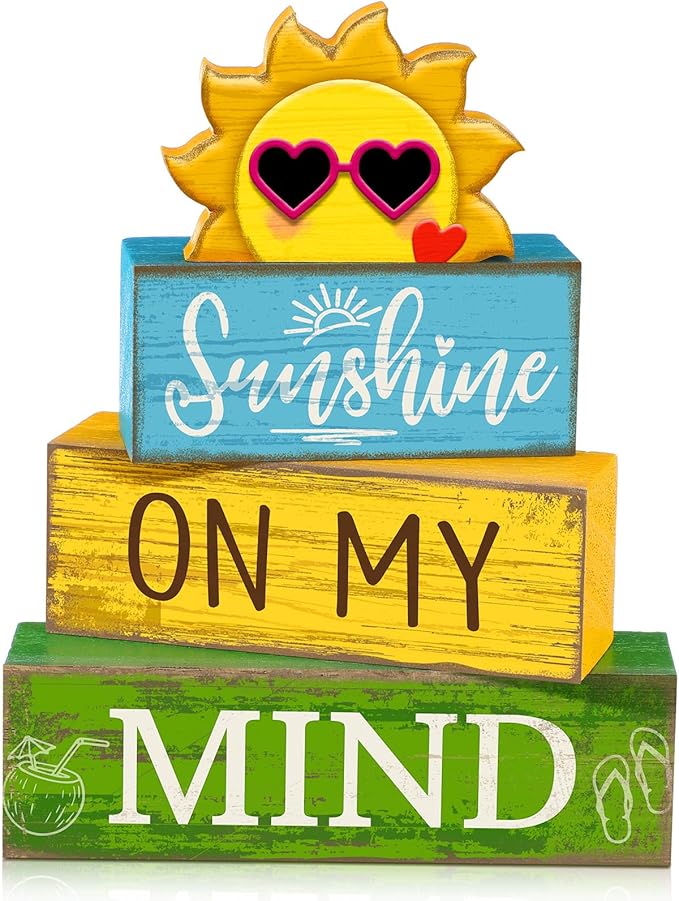Lineshading 4 Pcs Summer Table Decor Wooden Sunshine Beach Tiered Tray Decor Rustic Farmhouse Sunshine Block Signs Gifts Summer Table Centerpieces for Home Kitchen Coffee Bar Shelf Office Decorations