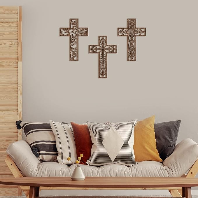 Yookeer 3 Pcs Wooden Cross Wall Decor Cross Hanging Handmade Antique Religious Brown Wooden Home Decorations Hand Carved Wall Decor for Church Home Office Baptism Gift for Christian