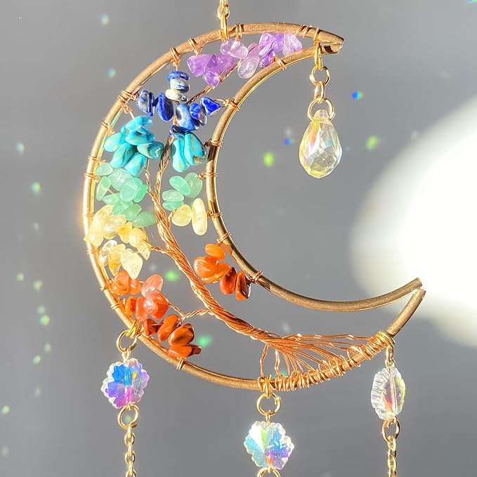 Moon Dream Catchers with Crystal 7 Chakra Gemstone Dream Catchers Crystal Suncatcher Rainbow Maker Good Luck Decor for Window Wall Car Home Garden (Moon)