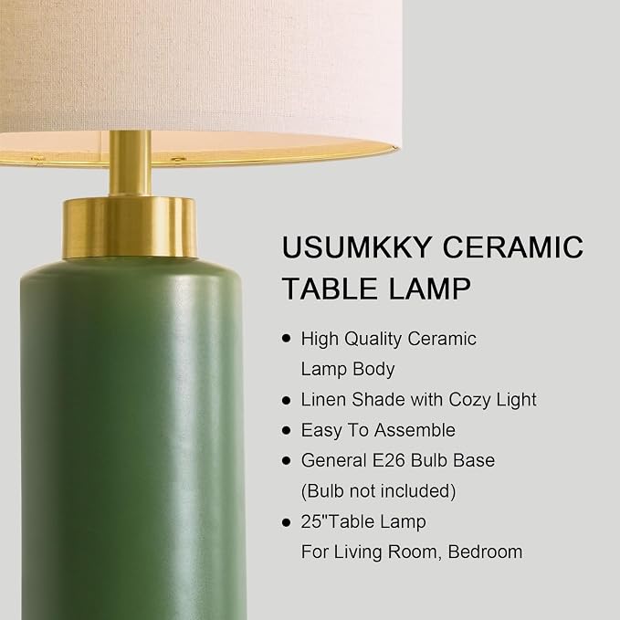 USumkky 25" Green Ceramic Table Lamp Set of 2, Modern Mid-Century Bedside Nightstand Lamps for Bedroom Living Room, Linen Shade & Gold Metal Base, Rotary Switch E26 (Bulbs Excluded)
