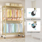 FUTASSI P1 Plus Rolling Clothes Rack, 22mm Diameter Heavy Duty Garment Rack with Wheels, Portable Closets with Shelves and Hanger Rods, 45" W x 17.7" D x 80.5" H, Load 524 LBS, Gold