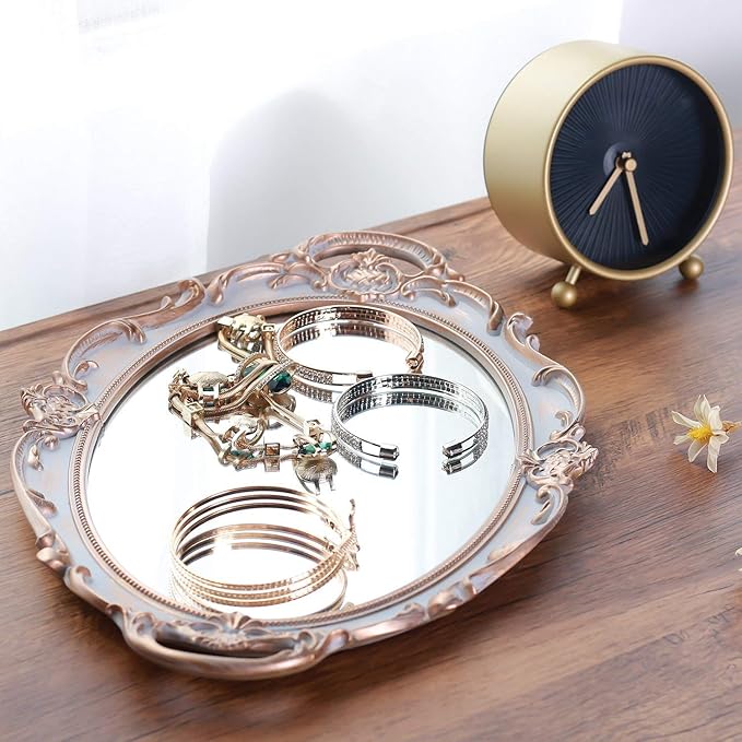 Polyresin Ellipse Antique Decorative Mirror Tray, Makeup Organizer, Jewelry Organizer, Serving Tray, 9.8”x 14.6”, Golden Gray